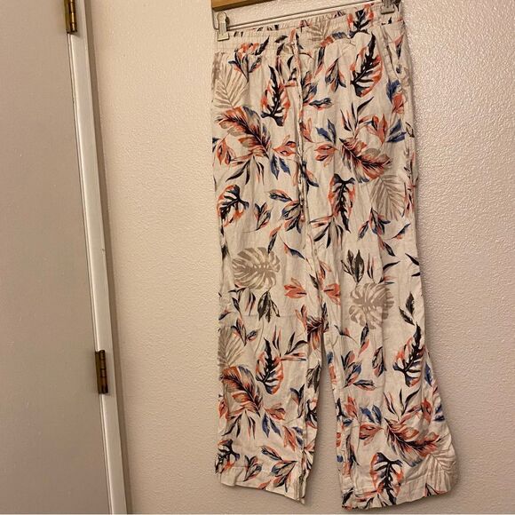 Briggs tropical floral print wide leg Linen pants palazzo tan coastal beach M - Picture 3 of 11